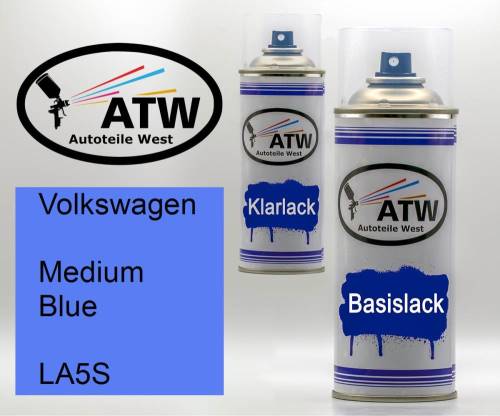 Volkswagen, Medium Blue, LA5S: 400ml Sprühdose + 400ml Klarlack - Set, von ATW Autoteile West.